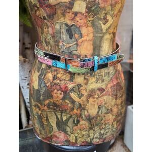 Vintage Y2K Green Patchwork Bling Blue Pink Rhinestone Chunky Belt Sz M